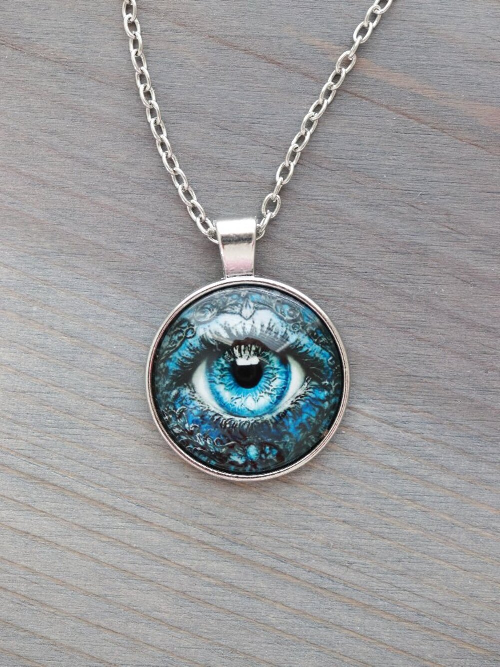 Evil Eye Round Style Pendant with Evil Blue Eyes Necklace Silver Stainless Steel